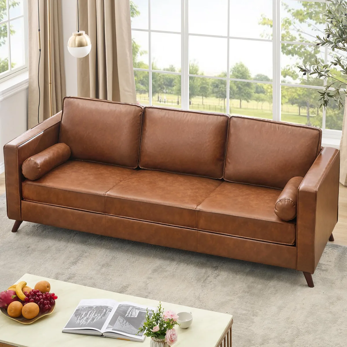 81" Leather Sofa, Mid Century Modern Deep Seat Couch (George Oliver)