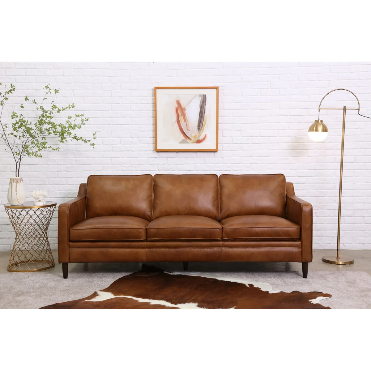Leyla Genuine Leather Square Arm Sofa (Sand & Stable)