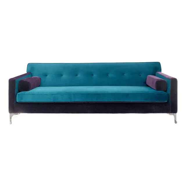 Custom Reimagined 88" Mid-Century Modern Style Two-Tone Teal Velvet and Dark Purple Mohair Sofa