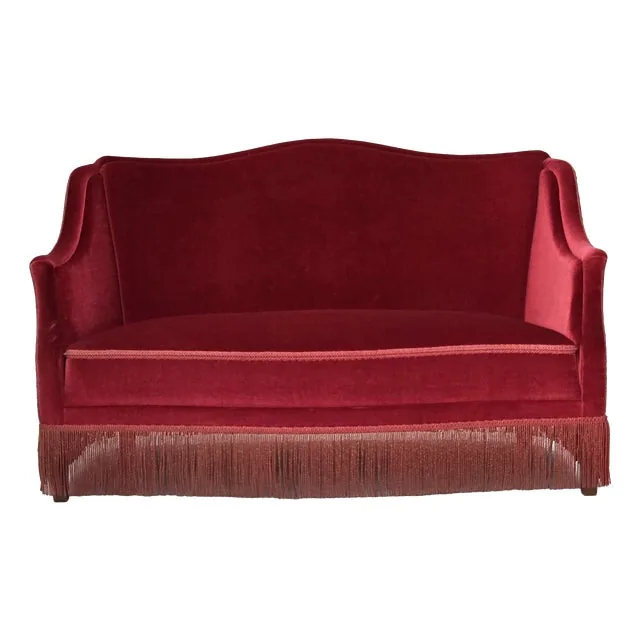 Danish 2-Seater Sofa in Red Velour with Ash Legs, 1970s