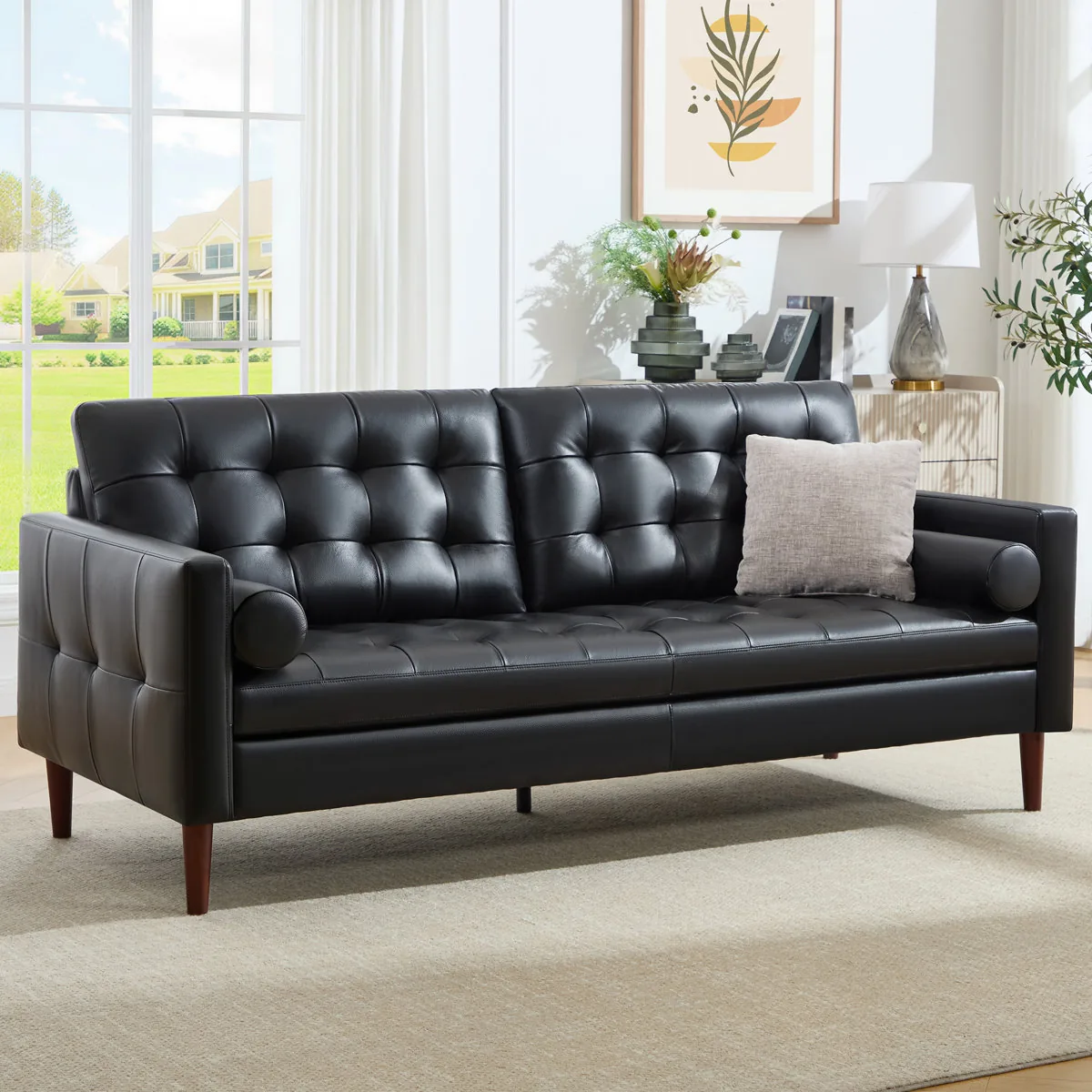 Mid-Century Modern Leather 3-Seater Sofa Couch (Latitude Run)