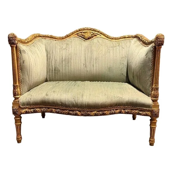 Louis XVI Style Carved Giltwood and Green Velvet Sofa