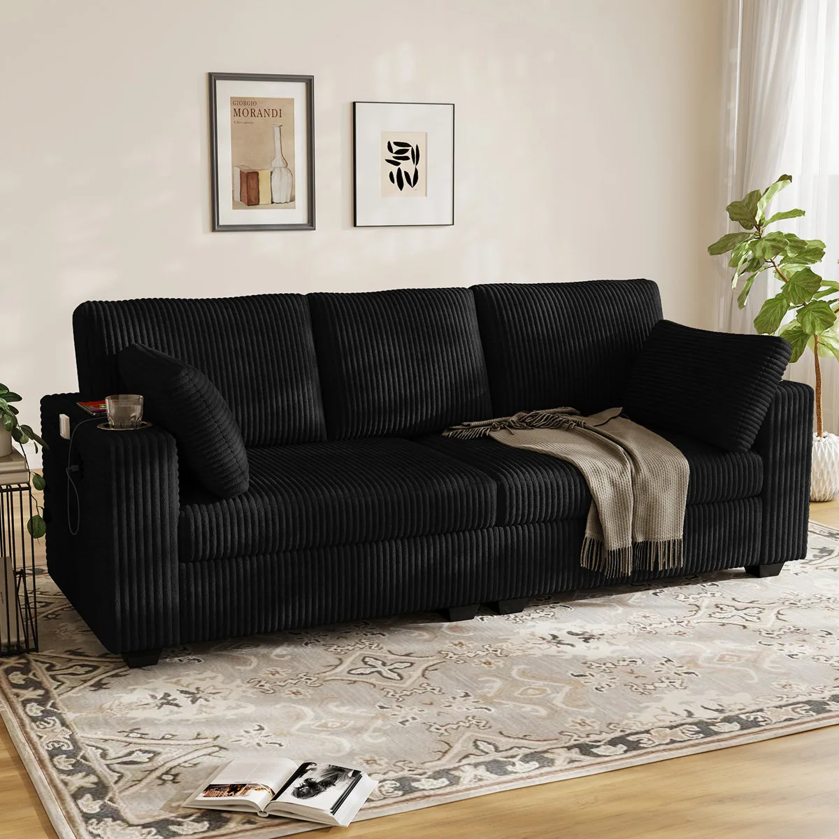 80"W Corduroy Sofa with Cup Holders, Storage Pockets and USB Ports - Black Couch (Ebern Designs)