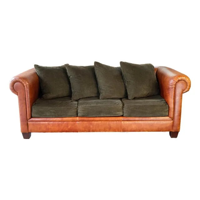 Ralph Lauren Chesterfield Cognac Leather and Corduroy Sofa