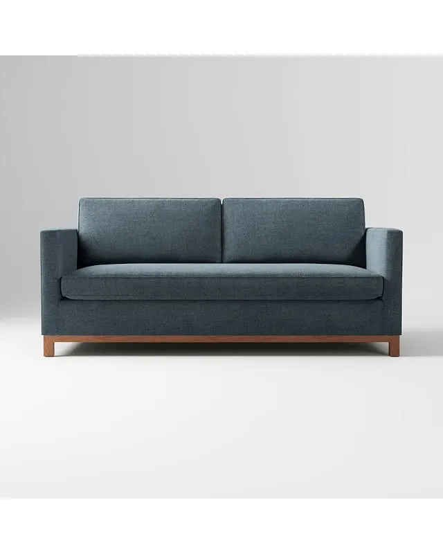 Harris Show Wood 76in Sofa, Performance Distressed Velvet Lagoon, Cool Walnut