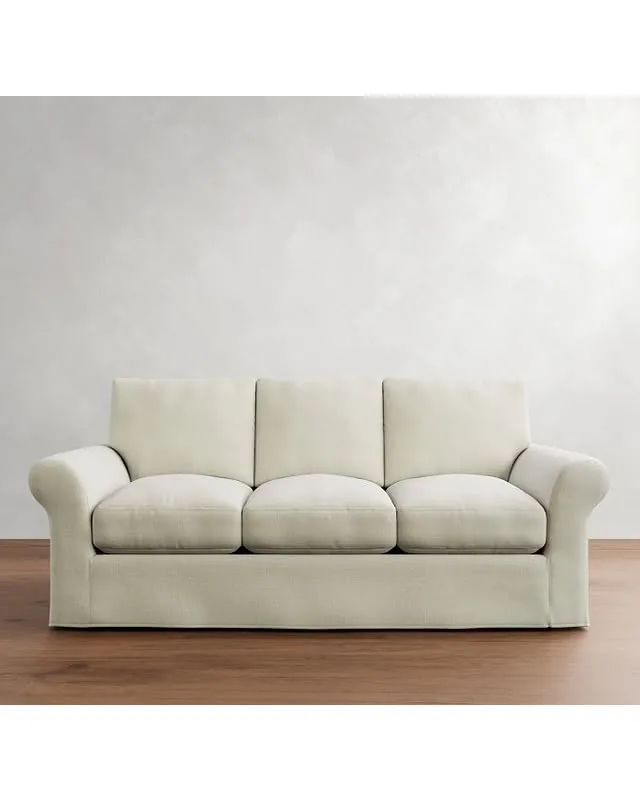 PB Comfort Modern Roll Arm Slipcovered Sleeper Sofa 3-Seater, Down Blend Wrapped Cushions, Performance Everydaylinen(TM) Ivory