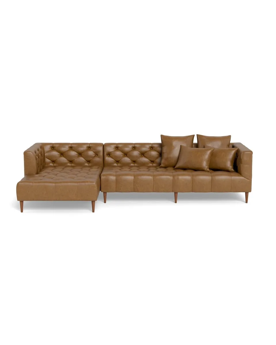 Ms. Chesterfield Custom Leather Sectional Sofa with Left Chaise by Apartment Therapy in Palomino Pigment-Dyed Leather, Oiled Walnut, 98" - Customize Color, Size & More