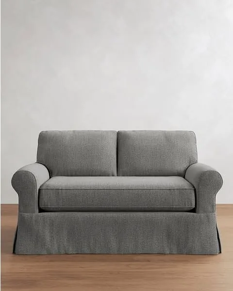 Buchanan Roll Arm Slipcovered Apartment Sofa 63", Polyester Wrapped Cushions, Performance Heathered Basketweave Platinum