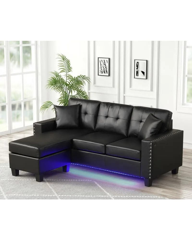 Sorenza 75"W Reversible Sectional Sofa Chaise with LED Light,USB Port, Pillows
