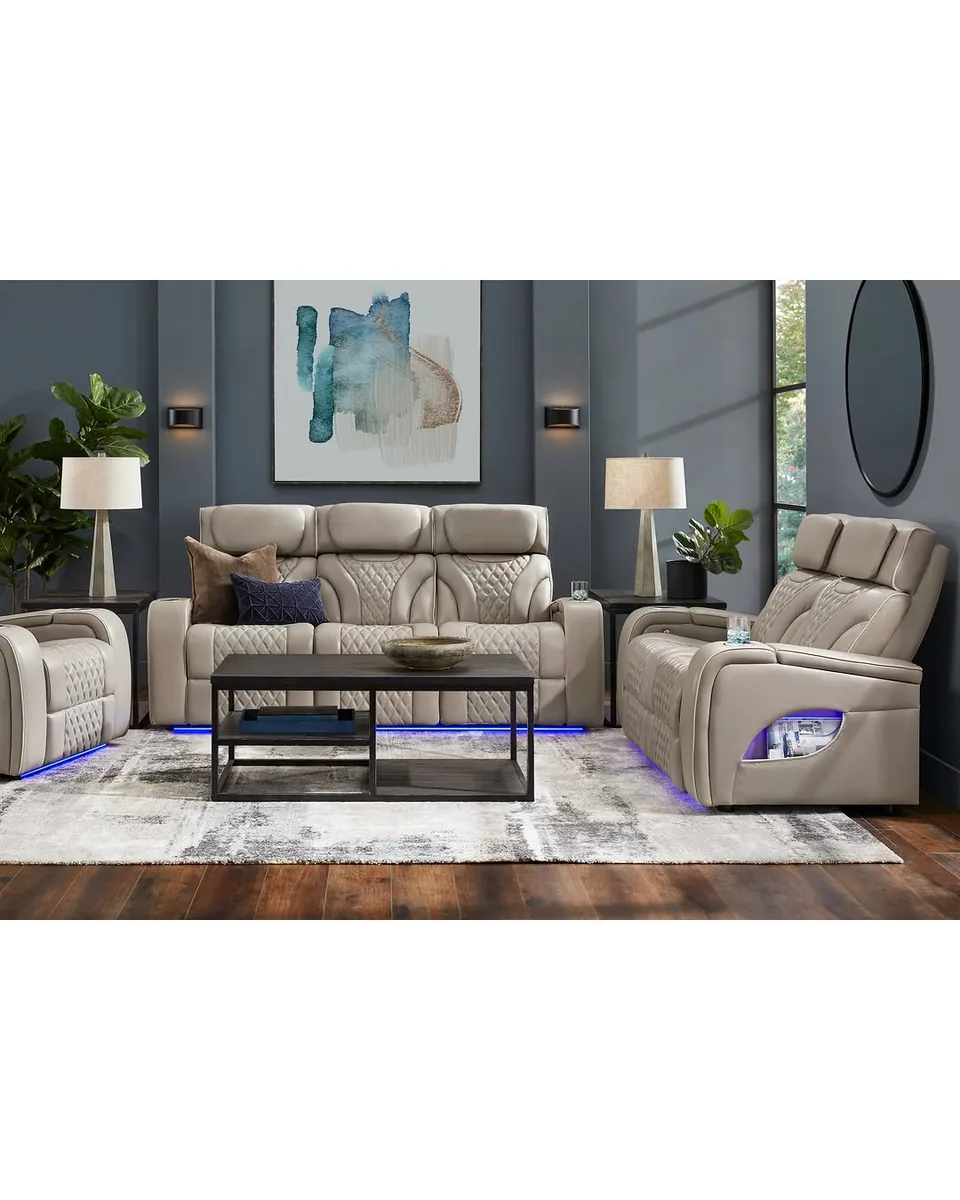 Horizon Ridge Beige Leather 8 Pc Living Room with Triple Power Reclining Sofa