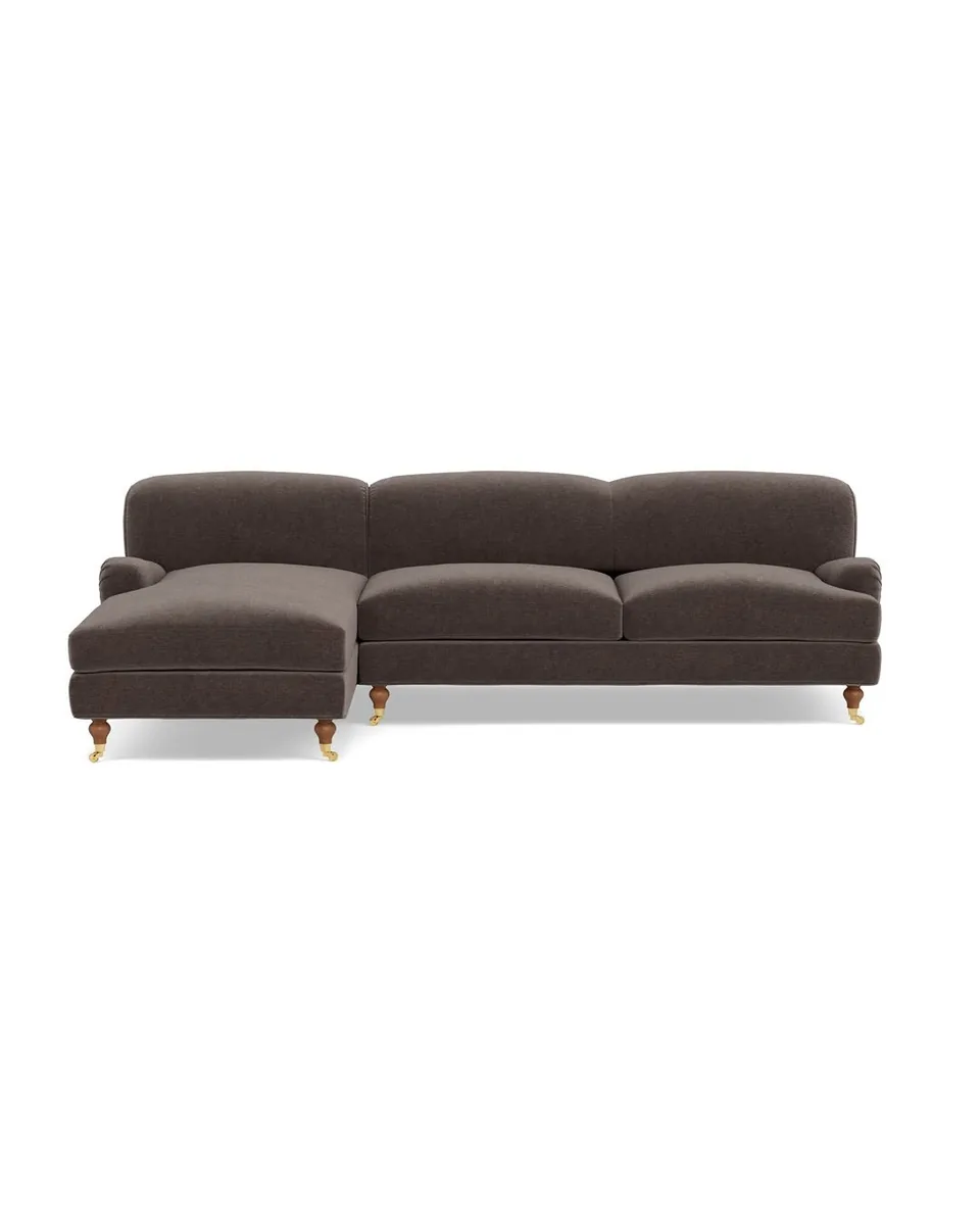Rose Custom Sectional Sofa with Left Chaise by The Everygirl® in Mocha Performance Vintage Velvet, Oiled Walnut with Brass Caster, 113" - Customize Color, Size & More